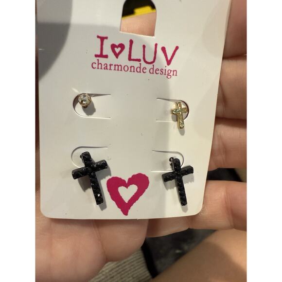 2 Pairs Cross Earrings Black Rhinestone Gold Tone and Diamond Stud Earrings 4PC - Picture 1 of 8